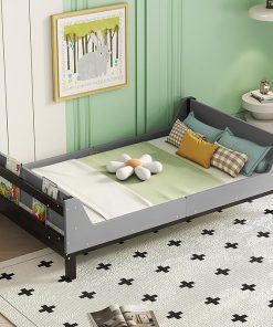 Gray Twin Size Bed Frame with Storage Bookcase for Kids and Teens
