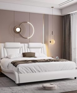 Keyluv Queen Upholstered Bed Frame with LED Headboard in White