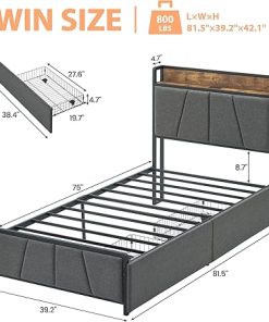 Twin Bed Frame with 2 Storage Drawers and Charging Station, Gray 2