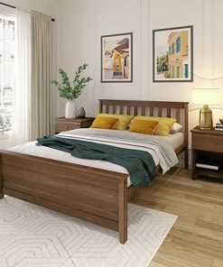 Solid Wood Full Bed Frame with Headboard in Walnut Finish