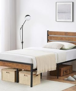 Rustic Twin Bed Frame with Wood Headboard and Under Bed Storage