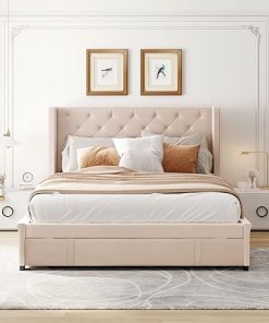 Queen Size Velvet Bed Frame with Wingback Headboard and Storage