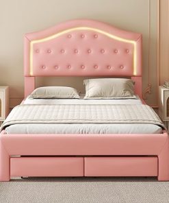 Pink LED Upholstered Full Bed Frame with Storage and Tufted Headboard