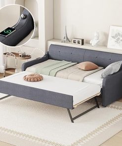 Twin Size Upholstered Daybed Frame with Trundle and Charging Station
