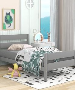 Olela Twin Bed Frame Grey Wood Platform Bed with Headboard for Kids