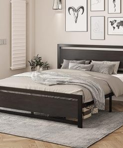 Queen Platform Bed Frame with Headboard Heavy Duty Metal Slats Black Oak