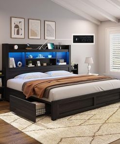 AMERLIFE King Bed Frame with 4 Drawers and LED Bookcase Headboard AMERLIFE King Bed Frame with 4 Drawers and LED Bookcase Headboard