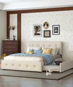Bellemave Queen Bed Frame with Trundle and Storage Drawers Beige