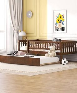 Twin Size Bed Frame with Trundle and Guardrails for Kids and Teens