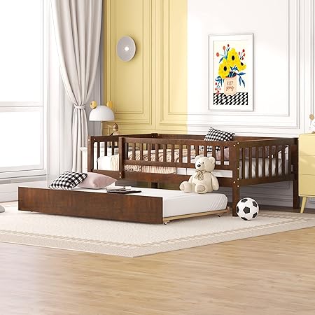 Twin Size Bed Frame with Trundle and Guardrails for Kids and Teens Twin Size Bed Frame with Trundle and Guardrails for Kids and Teens