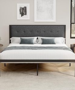 King Size Platform Bed Frame with Upholstered Tufted Headboard Dark Grey