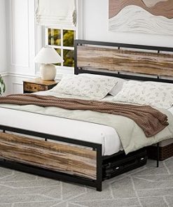 Industrial King Size Metal Bed Frame with Rustic Wooden Headboard
