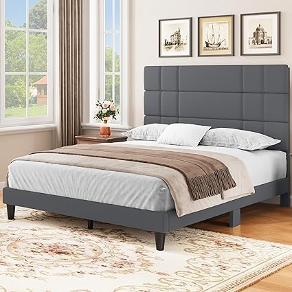 YITAHOME Queen Platform Bed Frame with Upholstered Headboard Grey 2 YITAHOME Queen Platform Bed Frame with Upholstered Headboard Grey - Image 2