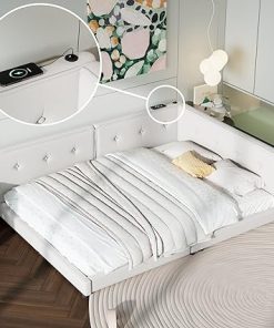 Upholstered L-Shaped Daybed Frame with USB Ports for Bedroom