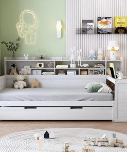 Twin Trundle Bed Frame with Storage and Desk for Kids and Teens