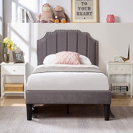 VECELO Twin Size Upholstered Platform Bed Frame with Adjustable Headboard VECELO Twin Size Upholstered Platform Bed Frame with Adjustable Headboard