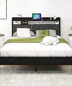 Queen Bed Frame with Storage Headboard and Charging Station, Black Gray 2