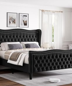 Black Velvet Upholstered Full Bed Frame with Tall Headboard and Footboard