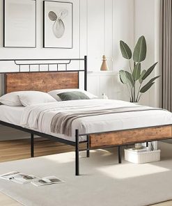 VECELO Full Platform Bed Frame with Wood Headboard No Box Spring Brown
