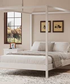 King Canopy Bed Frame, 4-Post Solid Wood Platform, Noise-Free Design