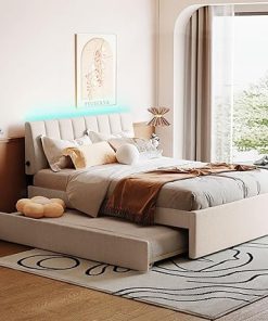 Upholstered Platform Bed with Trundle LED Light for Bedroom Apartment