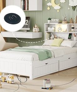 Twin Bed with 2 Storage Drawers, Wood Twin Storage Bed with Bookcase Headboard,LED Light and USB Charge Station,Twin Bed Frames Captain Bed for Kids, Girls,Boys,No Box Spring Needed, White