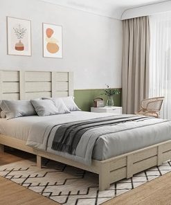 Wood Queen Bed Frame with Headboard and Footboard Farmhouse Style