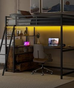 Merax Twin Metal Wood Loft Bed Frame with Desk Shelves and Drawers 2