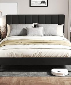 Upholstered Queen Bed Frame with Headboard Black Velvet Wood Slats