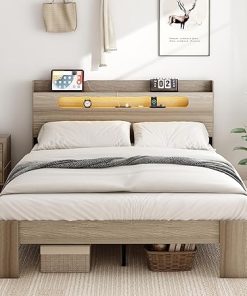 Wooden Queen Bed Frame with Storage Headboard Easy Assembly Light Brown