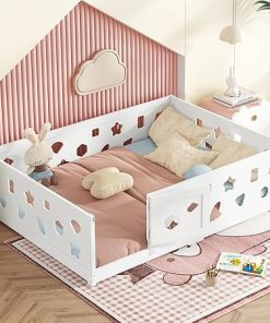 Full Size Floor Bed with Guardrails and Door for Kids and Teens