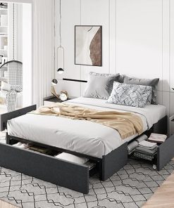 Allewie Full Size Platform Bed Frame with 3 Storage Drawers Dark Grey