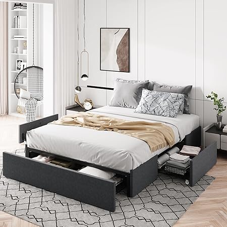 Allewie Full Size Platform Bed Frame with 3 Storage Drawers Dark Grey Allewie Full Size Platform Bed Frame with 3 Storage Drawers Dark Grey