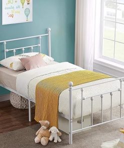 VECELO Twin Metal Bed Frame Heavy Duty Steel Platform Mattress White