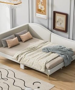 Beige Upholstered Daybed Frame with Backrest and Armrests for Small Spaces
