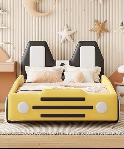 Twin Size Race Car Bed Frame with Wheels Soft PU Leather for Kids 2