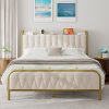 Queen Metal Bed Frame with Charging Station Velvet Headboard Beige