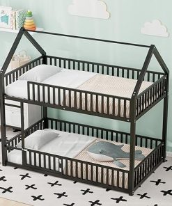 Twin Metal House Bunk Bed Frame with Fence and Door Black Finish