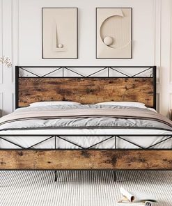 Queen Size Bed Frame with Headboard, Industrial Platform Queen Bed Frame with 14 Strong Metal Slats Support, 11” Under-Bed Storage, No Noise, Easy Assembly, Rustic Brown