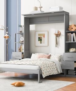 Queen Size Murphy Bed Frame with Storage Shelves and Drawers 2