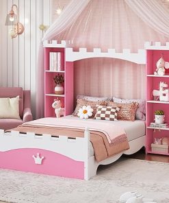 Twin Size Platform Bed with Storage Bookshelf and Castle Headboard
