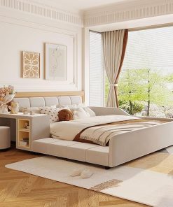 Queen Size Upholstered Bed Frame with Desk and Stool for Kids Adults