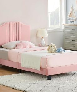 Twin Bed Frame Upholstered Platform Headboard Velvet Pink Easy Assembly 2