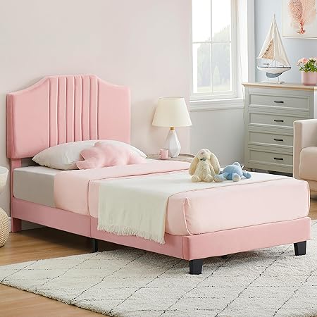 Twin Bed Frame Upholstered Platform Headboard Velvet Pink Easy Assembly 2 Twin Bed Frame Upholstered Platform Headboard Velvet Pink Easy Assembly - Image 2