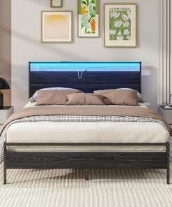 Queen Size Metal Platform Bed Frame with Storage and LED Headboard