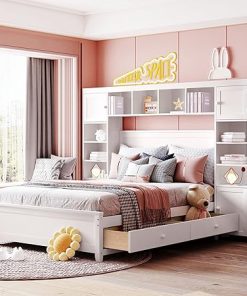 Full Size Platform Bed with Storage Drawers and Bookcase Headboard