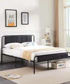 VECELO Full Size Bed Frame with Wooden Headboard and Steel Slats