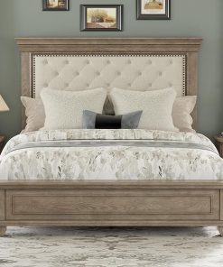 Mid-Century Modern Solid Pine Queen Bed Frame with Upholstered Headboard
