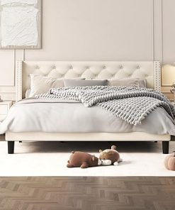 Queen Size Upholstered Wingback Bed Frame with Diamond Tufted Headboard Queen Size Upholstered Wingback Bed Frame with Diamond Tufted Headboard