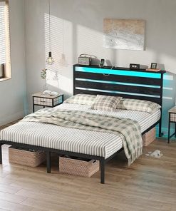 Heavy Duty Full Bed Frame with Headboard and Charging Station Black